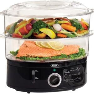 BELLA Two Tier Food Steamer with Stackable Baskets & Removable Base for Fast Simultaneous Cooking - Auto Shutoff & Boil Dry Protection, 7.4 QT, Black: Home & Kitchen